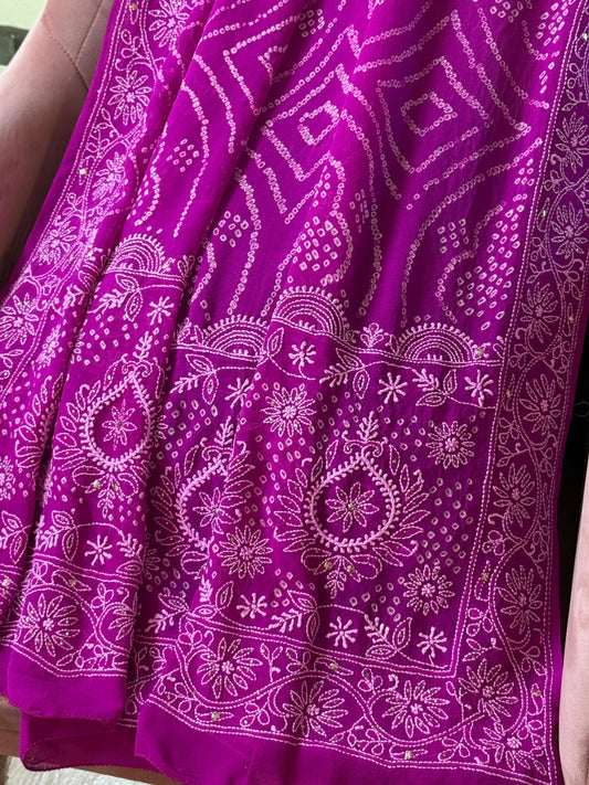 Bandhani Dupatta with Lucknawi Embroidery Heritage Weaves